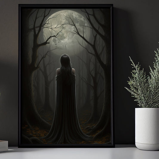 Mythical Woman Under Moon Light Vintage Canvas Wall Art Print - Dark Magical Goddess Poster Print