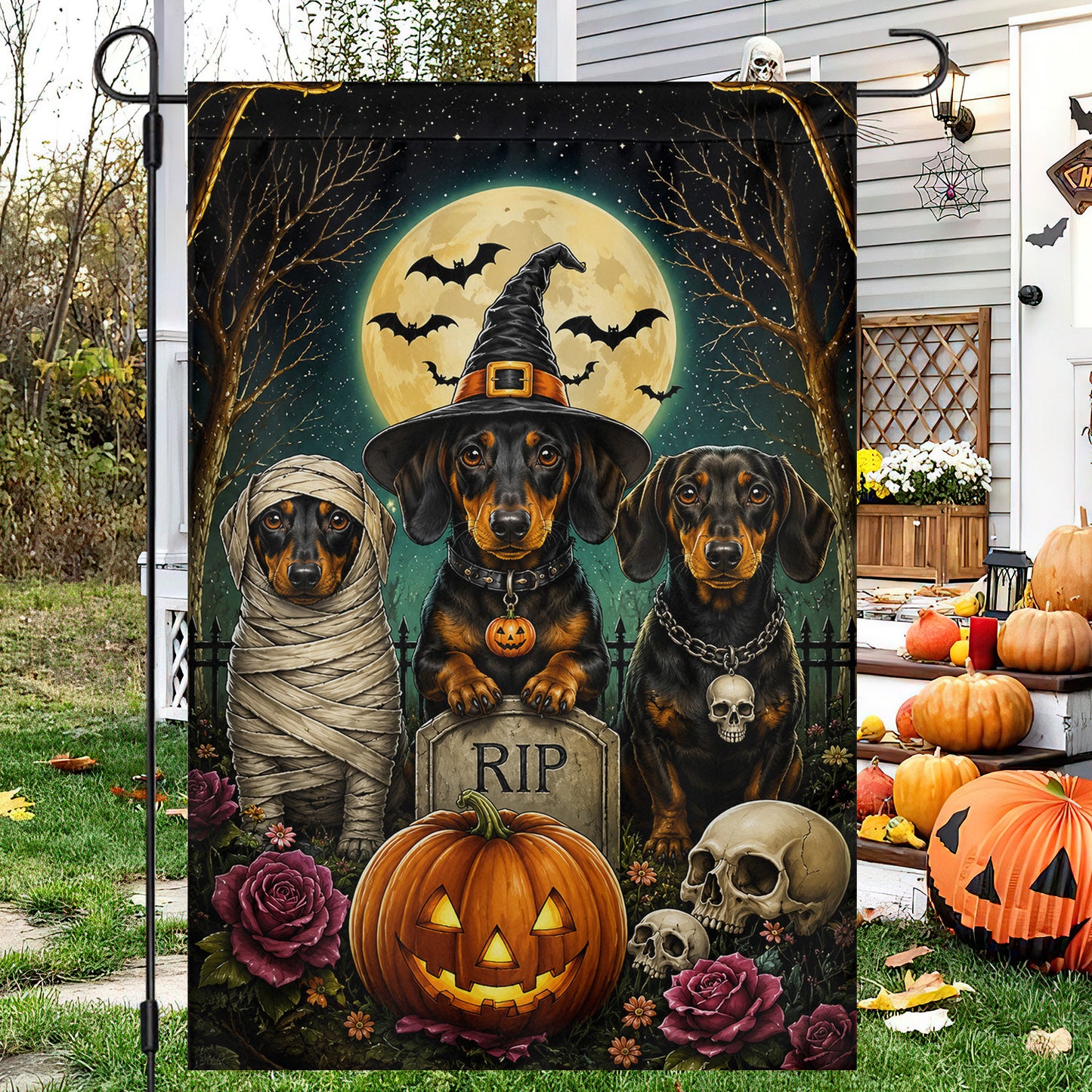 Halloween Dachshund Dog Garden & House Flag, Witch Mummy Wiener Dog Pumpkin Yard Flag, Spooky Season Gift For Dog Lover