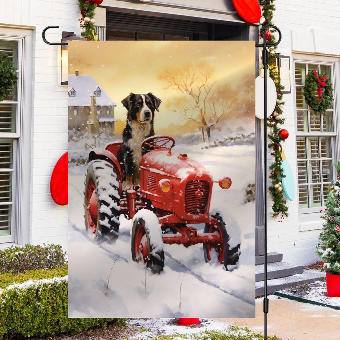 A Loyal Dog Drive The Red Tractor, Christmas Garden Flag - House Flag, Christmas Flag Gift For Dog Lovers, Dog Flag