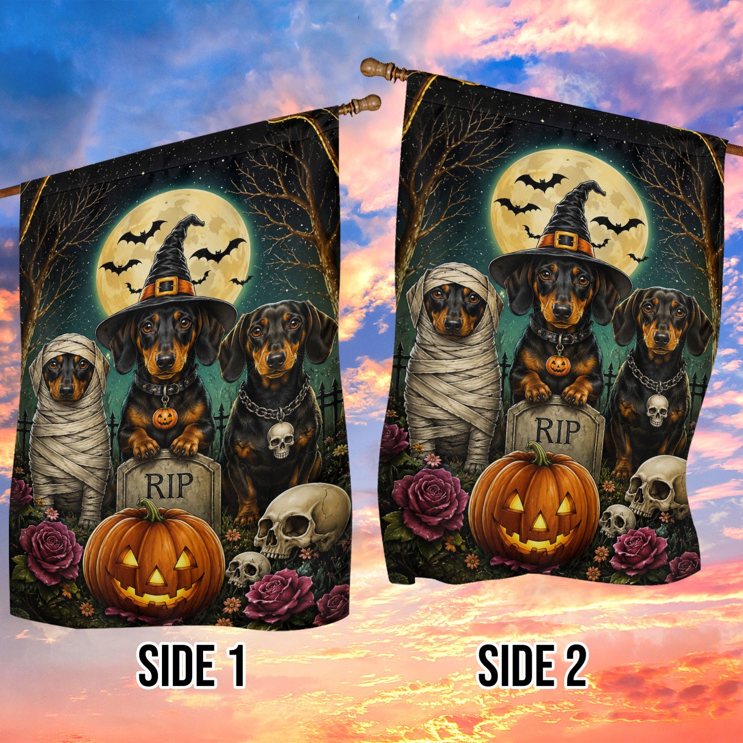 Halloween Dachshund Dog Garden & House Flag, Witch Mummy Wiener Dog Pumpkin Yard Flag, Spooky Season Gift For Dog Lover