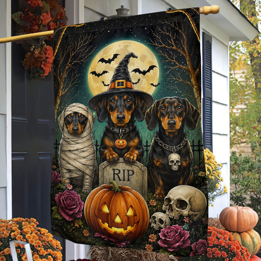 Halloween Dachshund Dog Garden & House Flag, Witch Mummy Wiener Dog Pumpkin Yard Flag, Spooky Season Gift For Dog Lover
