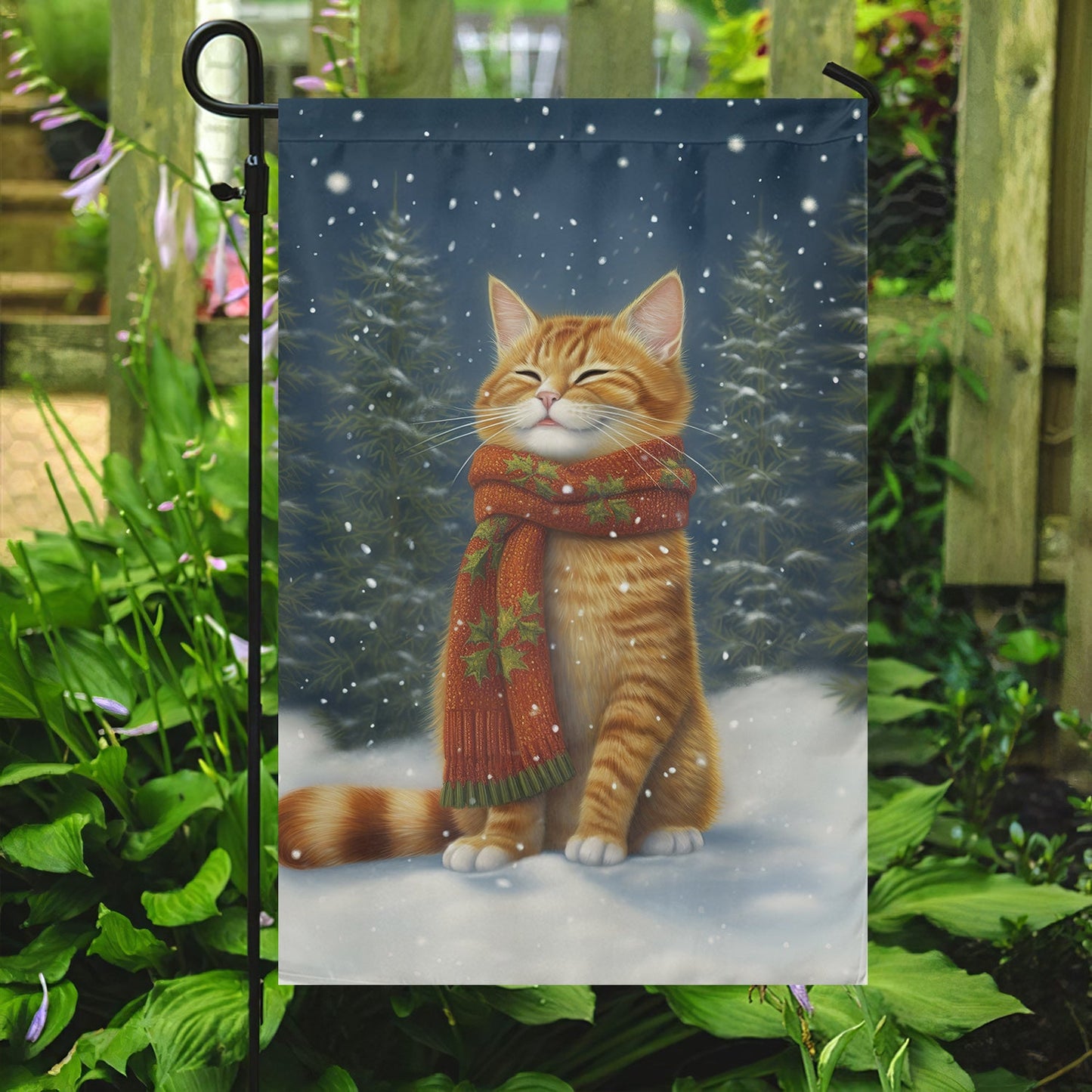 Cute Cat Wearing Scarf Alone Between The Forest Winter, Christmas Garden Flag - House Flag, Christmas Flag Gift For Cat Lovers, Cat Flag