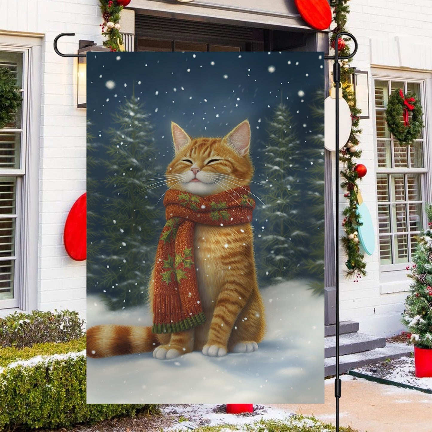 Cute Cat Wearing Scarf Alone Between The Forest Winter, Christmas Garden Flag - House Flag, Christmas Flag Gift For Cat Lovers, Cat Flag