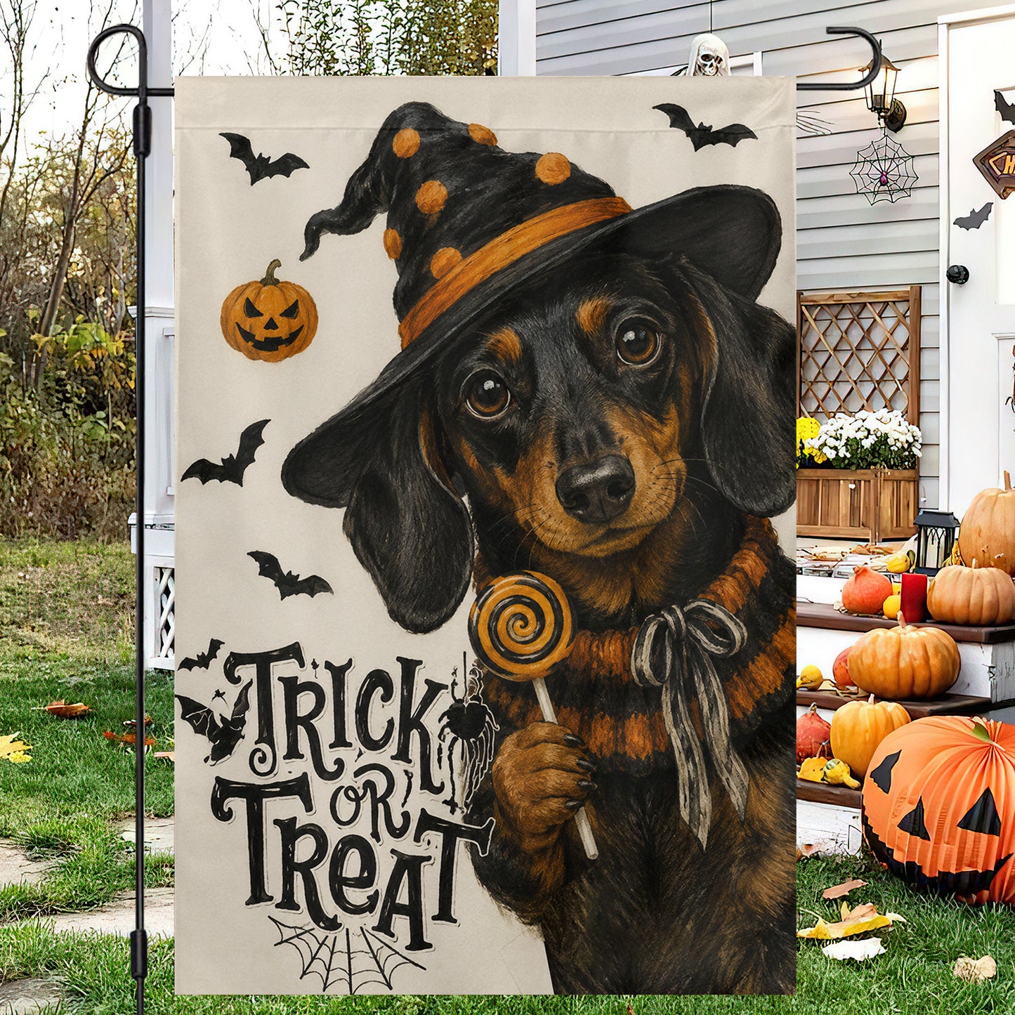 Cute Halloween Dachshund Dog Garden Flag House Flag, Trick Or Treat Yard Flag Spooky Season Gift For Dog Lover