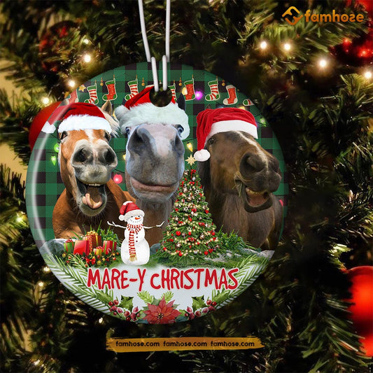 Funny Christmas Horse Ornament, Marey Christmas Santa Hats Gift For Horse Lovers, Circle Ceramic Ornament