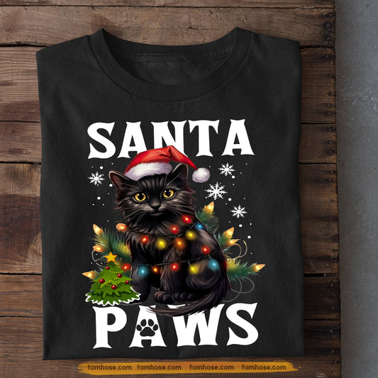 Black Cat Christmas T-shirt, Santa Paws, Gift For Cat Lovers, Cat Tees, Cat Owners