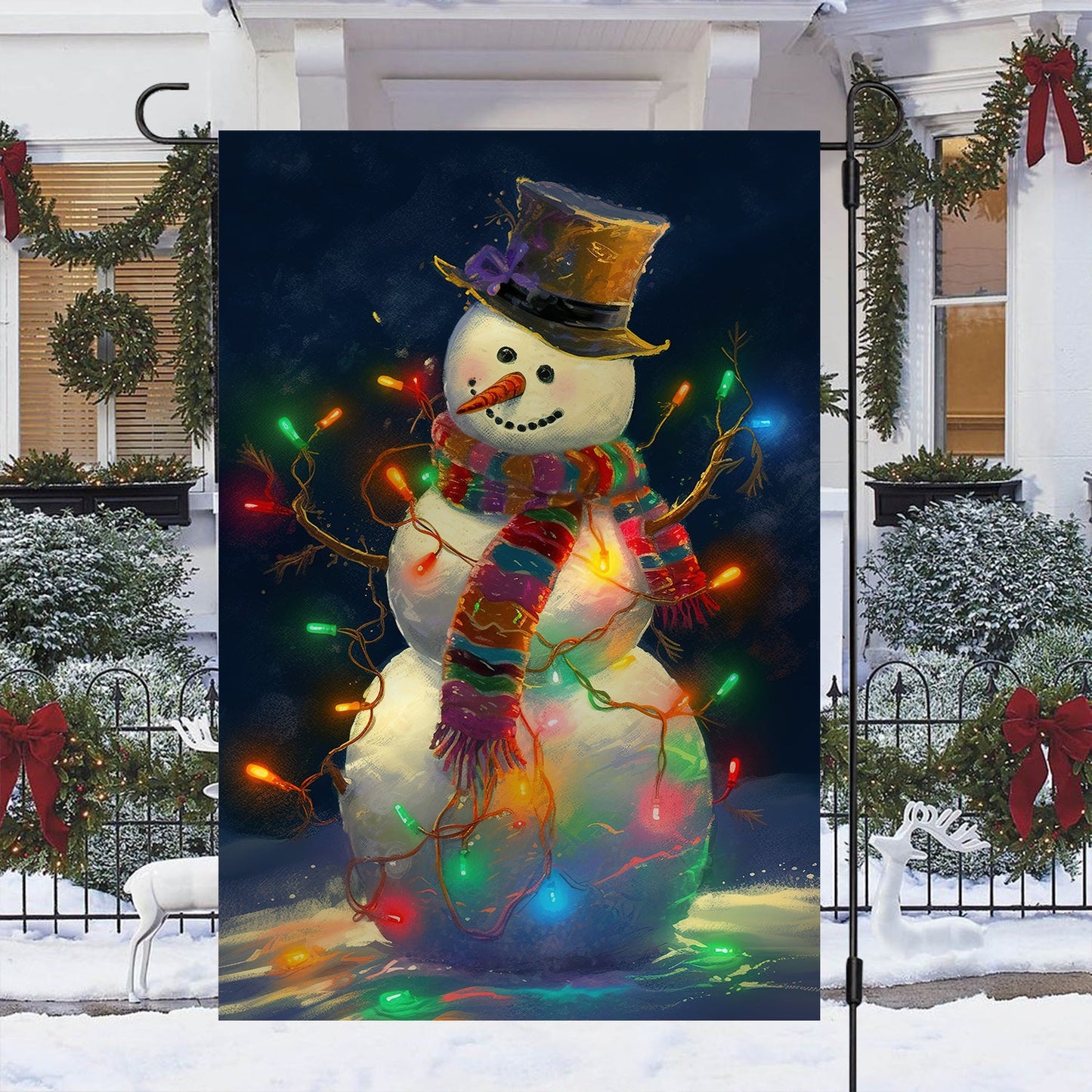 Snowman Surrounded By String Lights, Christmas Garden Flag - House Flag, Christmas Flag Gift For Snowman Lovers, Snowman Flag