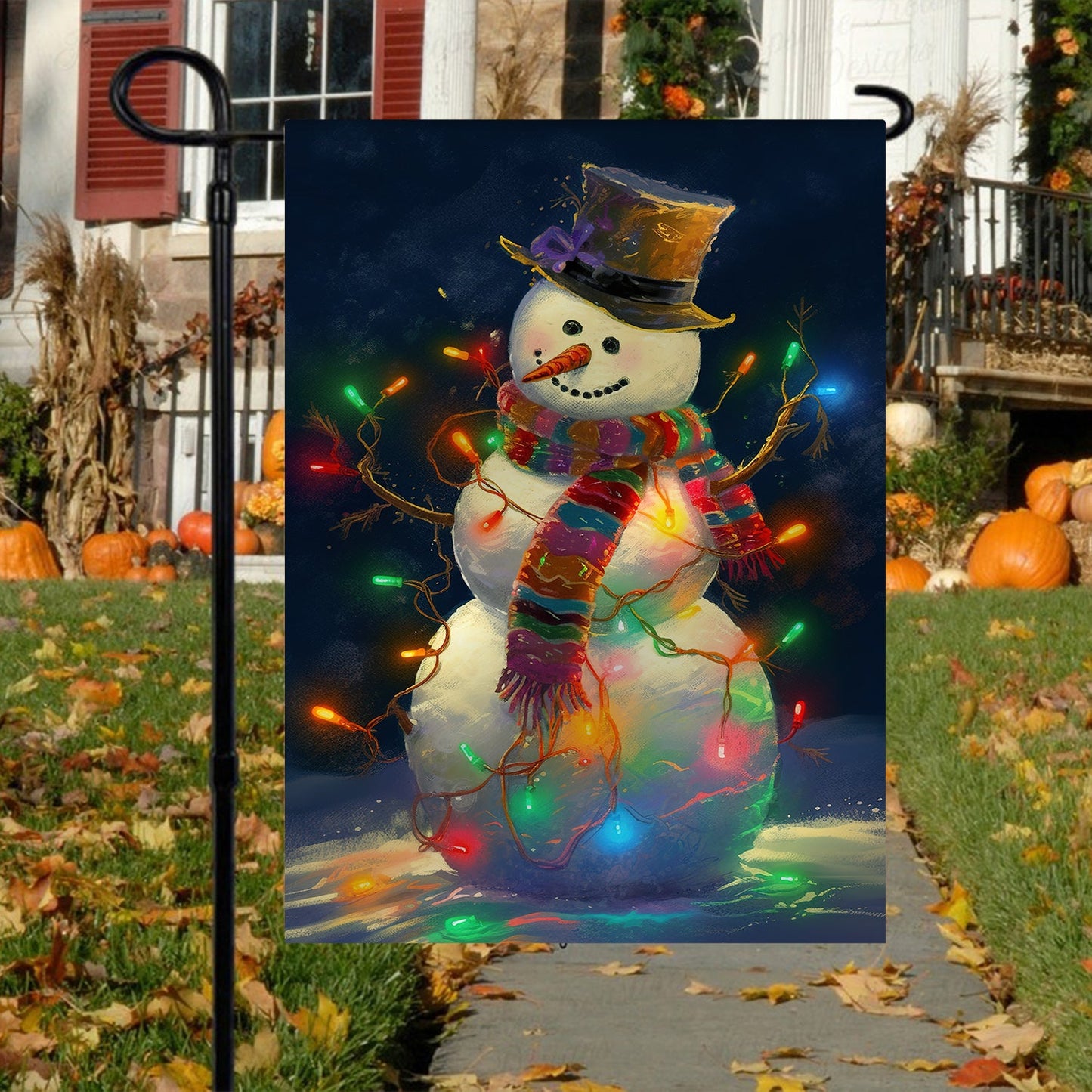 Snowman Surrounded By String Lights, Christmas Garden Flag - House Flag, Christmas Flag Gift For Snowman Lovers, Snowman Flag