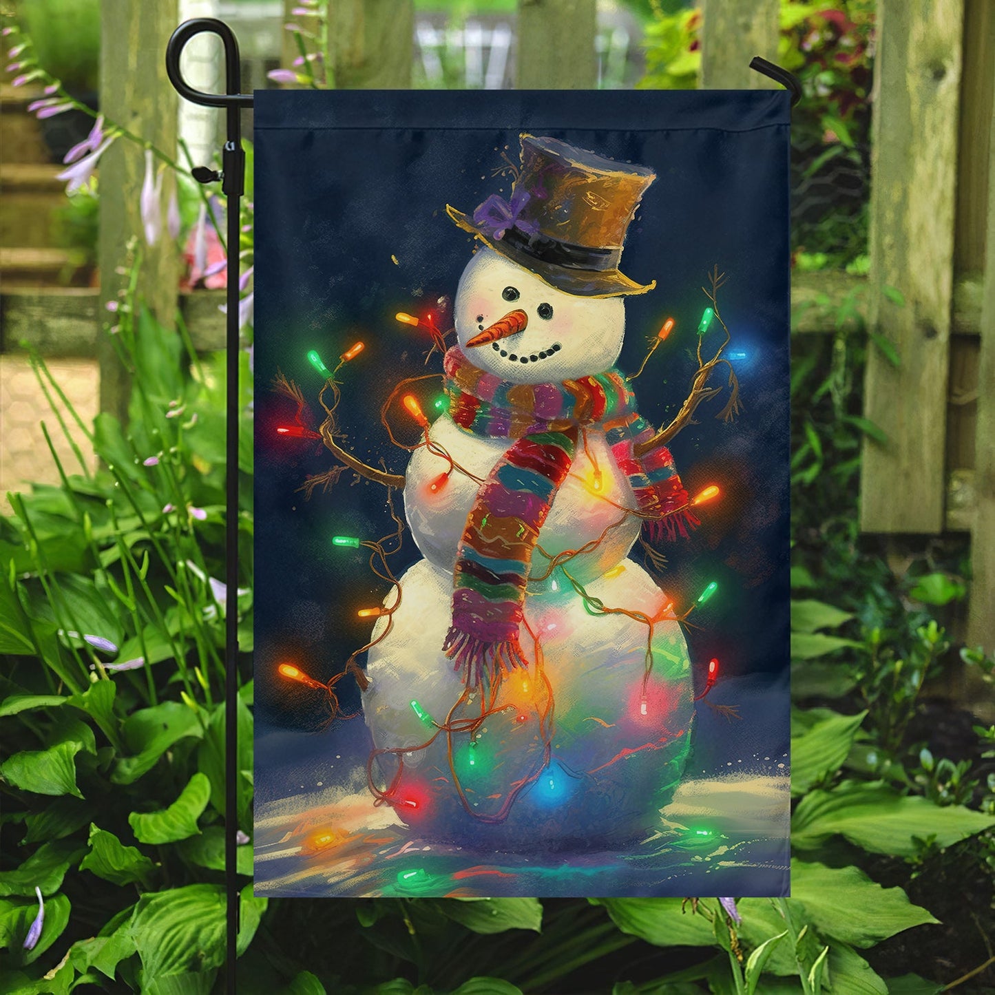 Snowman Surrounded By String Lights, Christmas Garden Flag - House Flag, Christmas Flag Gift For Snowman Lovers, Snowman Flag