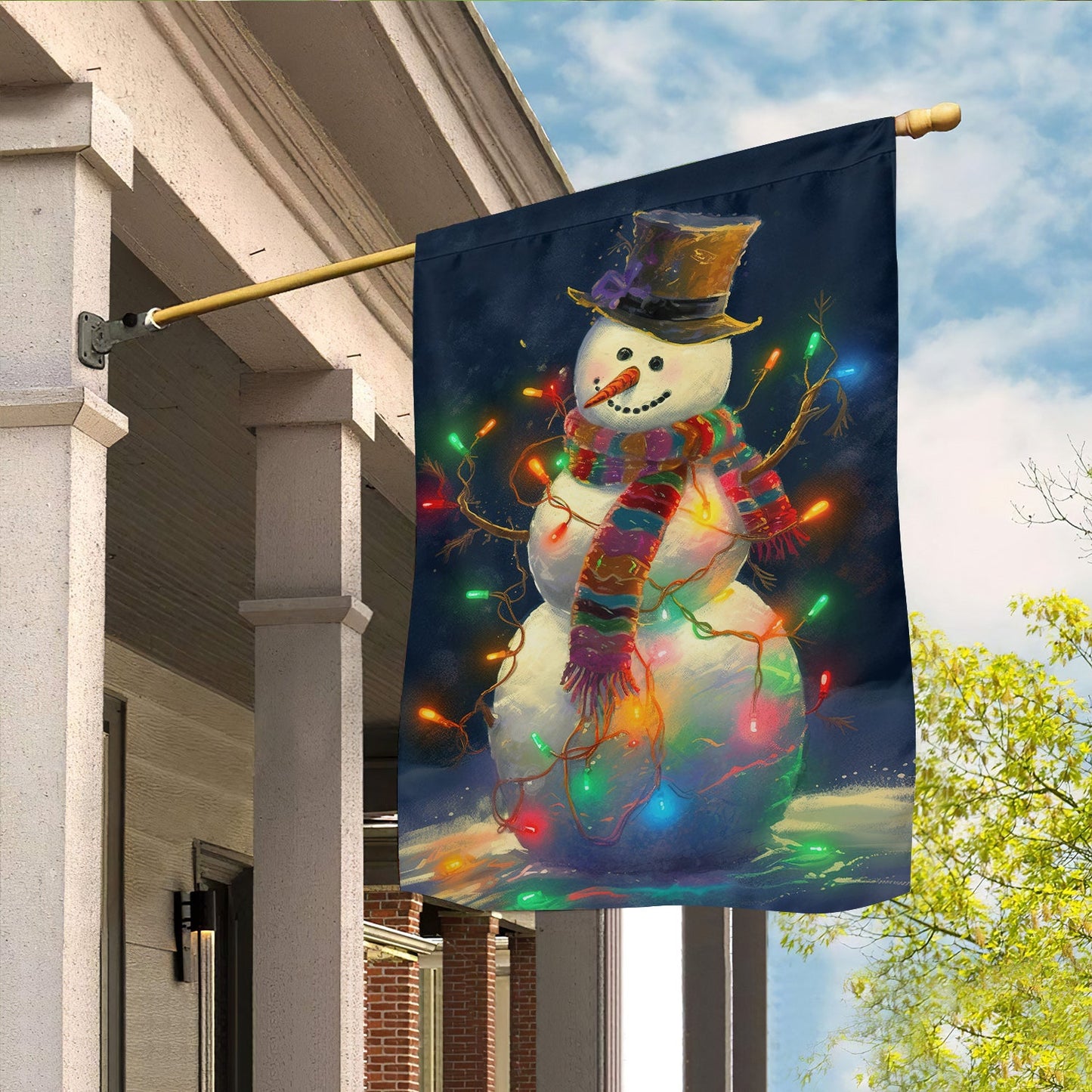 Snowman Surrounded By String Lights, Christmas Garden Flag - House Flag, Christmas Flag Gift For Snowman Lovers, Snowman Flag