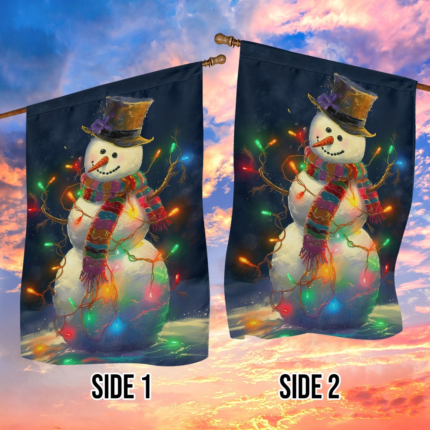 Snowman Surrounded By String Lights, Christmas Garden Flag - House Flag, Christmas Flag Gift For Snowman Lovers, Snowman Flag