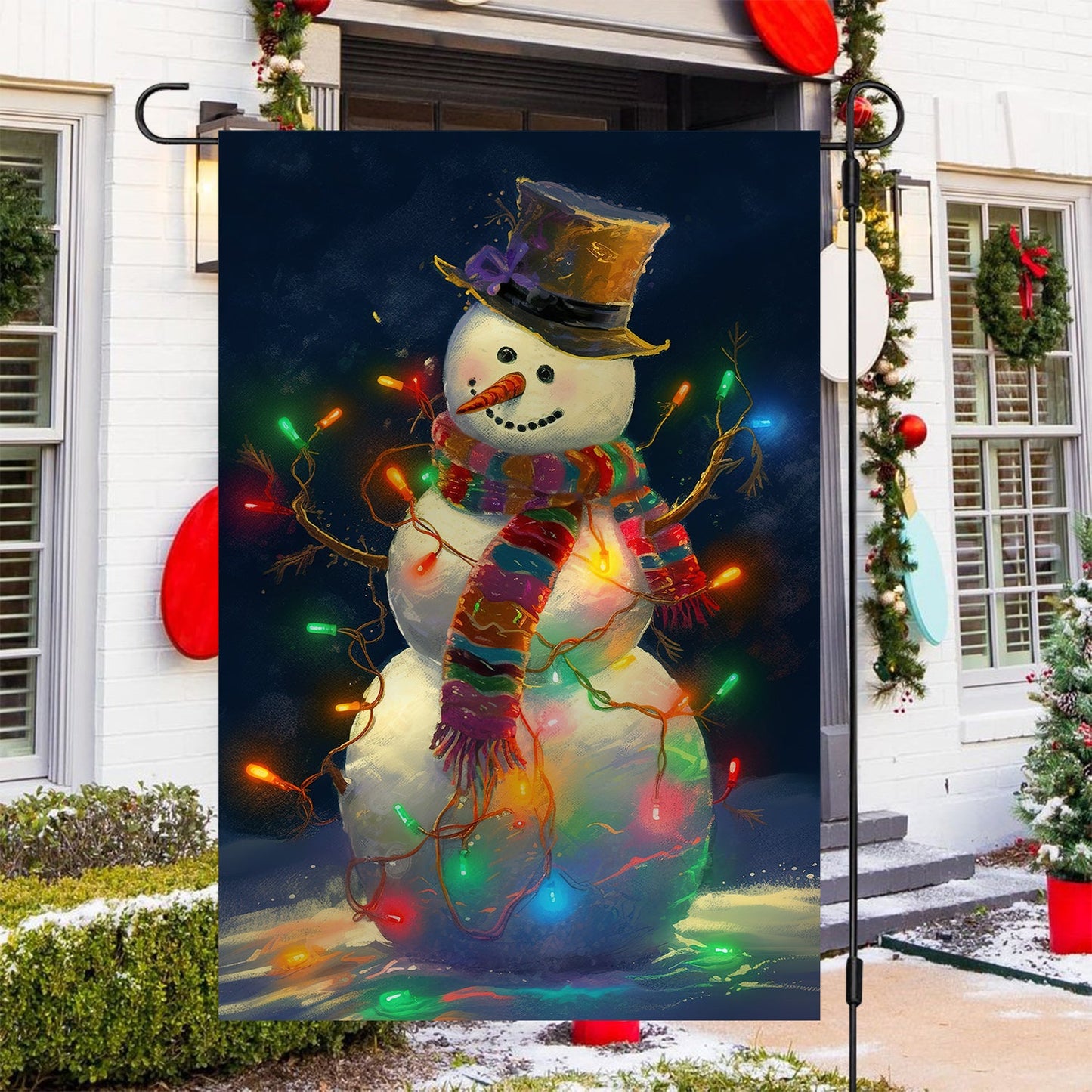 Snowman Surrounded By String Lights, Christmas Garden Flag - House Flag, Christmas Flag Gift For Snowman Lovers, Snowman Flag