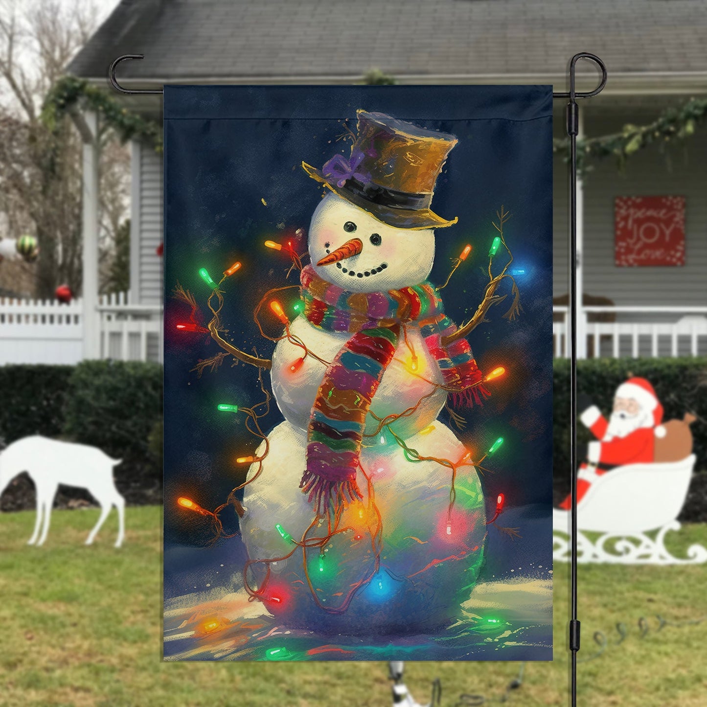 Snowman Surrounded By String Lights, Christmas Garden Flag - House Flag, Christmas Flag Gift For Snowman Lovers, Snowman Flag