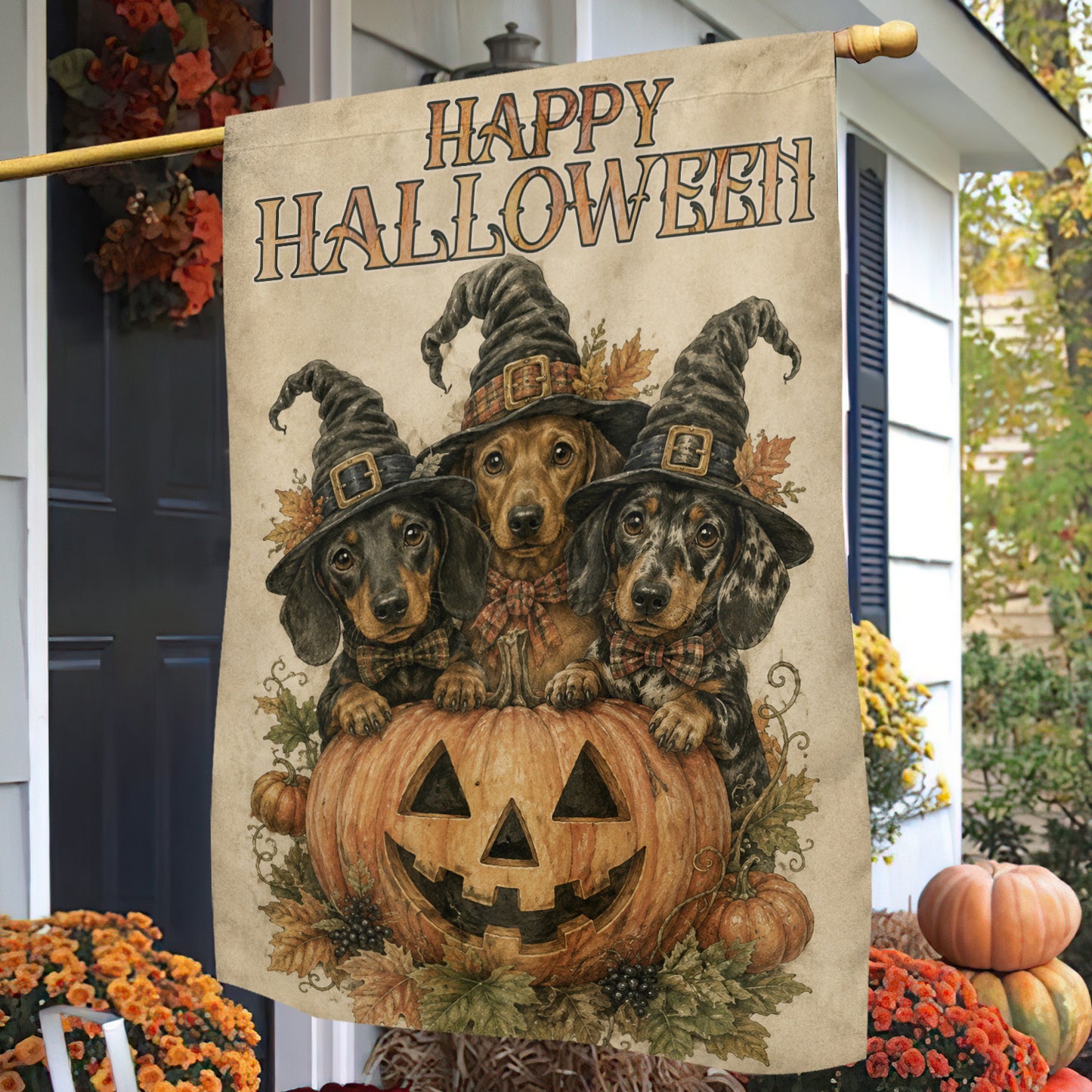 Halloween Dachshund Dog Garden & House Flag, Three Witch Wiener Dogs Pumpkin Yard Flag, Spooky Season Gift For Dog Lover