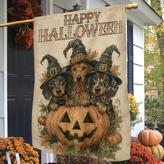 Halloween Dachshund Dog Garden & House Flag, Three Witch Wiener Dogs Pumpkin Yard Flag, Spooky Season Gift For Dog Lover