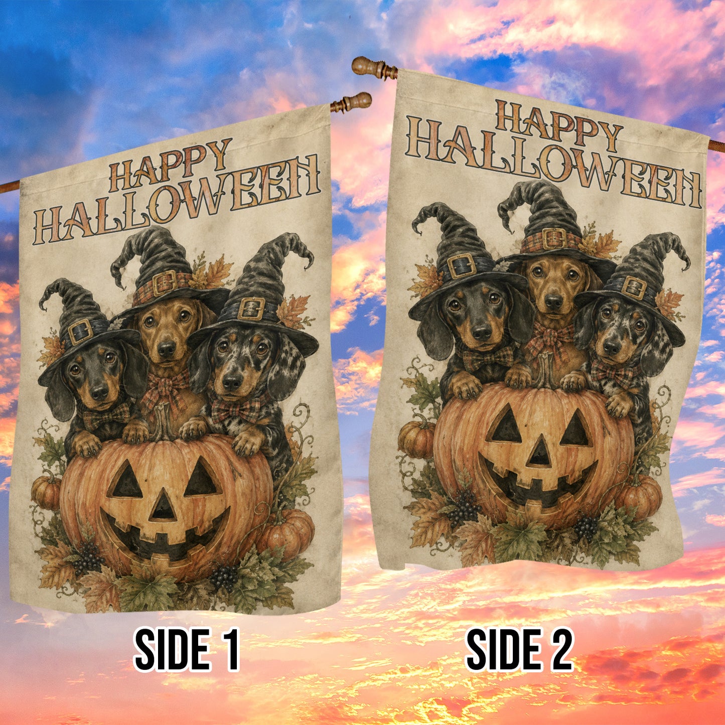 Halloween Dachshund Dog Garden & House Flag, Three Witch Wiener Dogs Pumpkin Yard Flag, Spooky Season Gift For Dog Lover