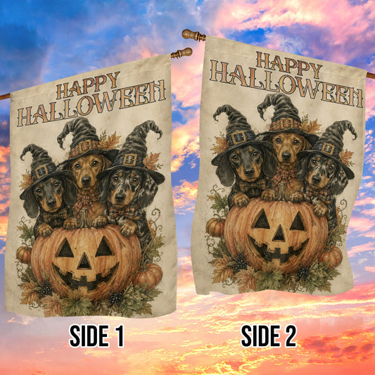 Halloween Dachshund Dog Garden & House Flag, Three Witch Wiener Dogs Pumpkin Yard Flag, Spooky Season Gift For Dog Lover