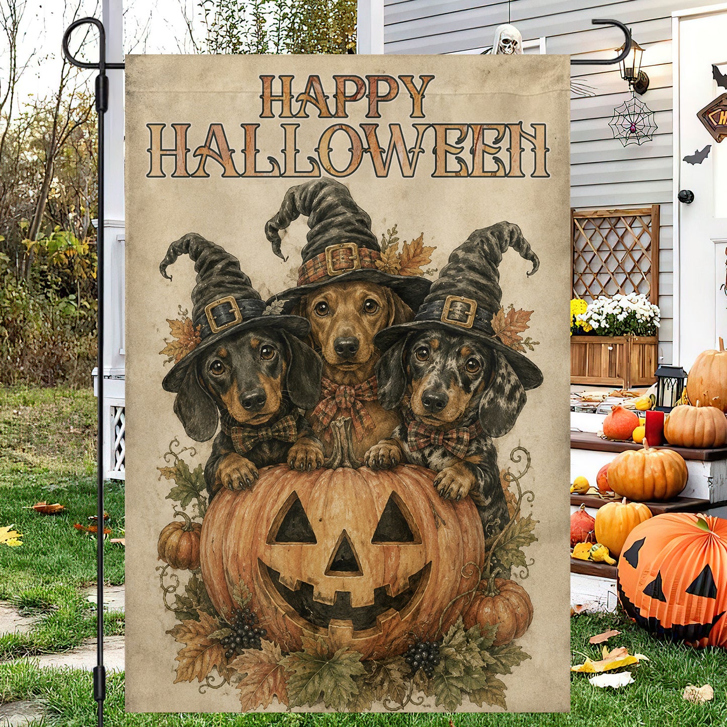 Halloween Dachshund Dog Garden & House Flag, Three Witch Wiener Dogs Pumpkin Yard Flag, Spooky Season Gift For Dog Lover