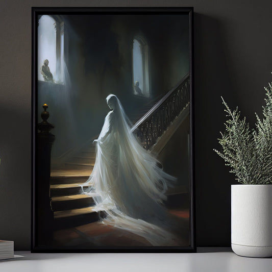 Ghost Woman Go To A Up Stair Canvas Wall Art Print - Dark Gothic Haunted Palace Halloween Poster Gift