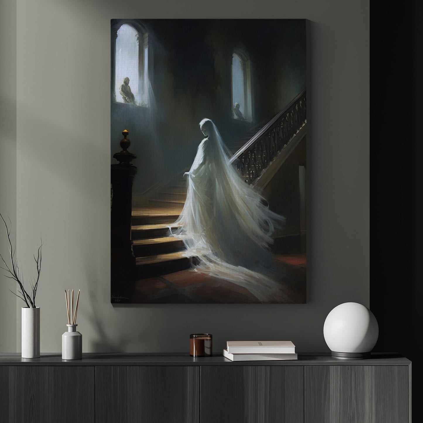 Ghost Woman Go To A Up Stair Canvas Wall Art Print - Dark Gothic Haunted Palace Halloween Poster Gift