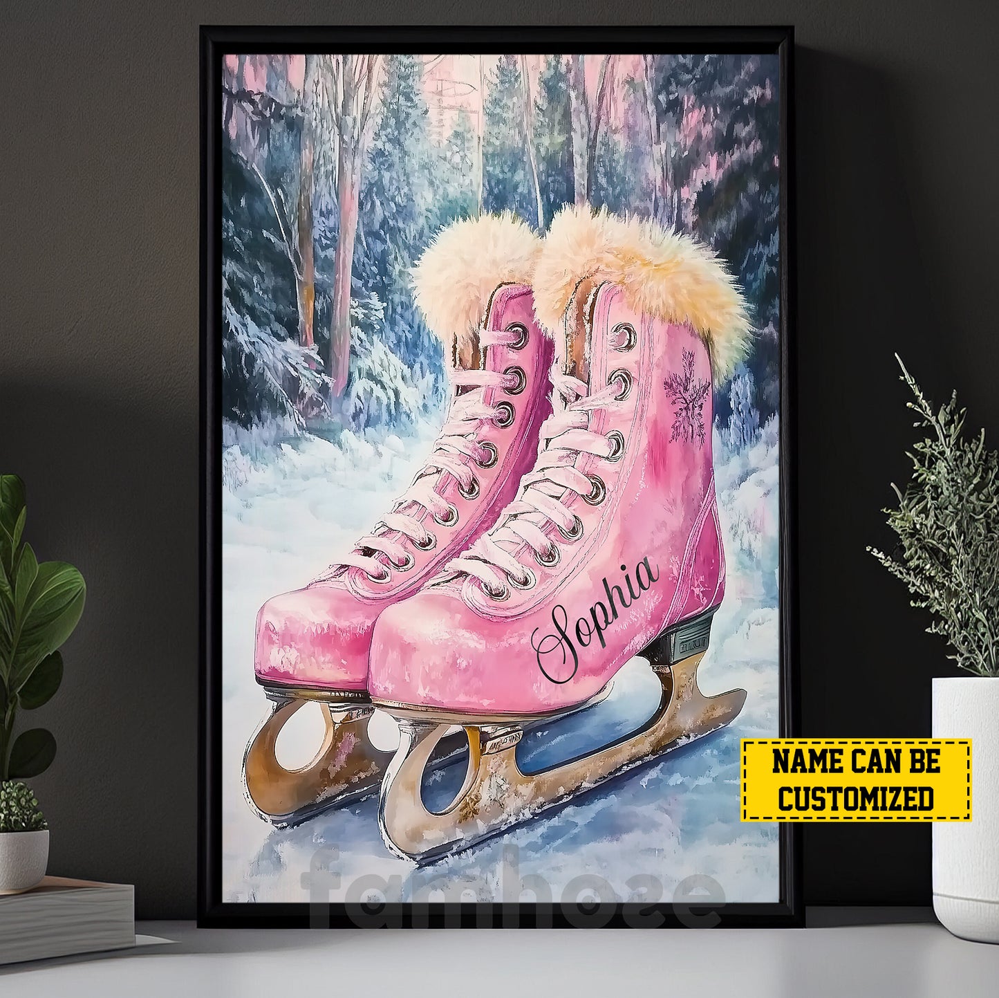 Personalized Ice Skating Canvas Painting, Pink Ice Skates Wall Art Decor, Poster Gift For Ice Skating Lovers