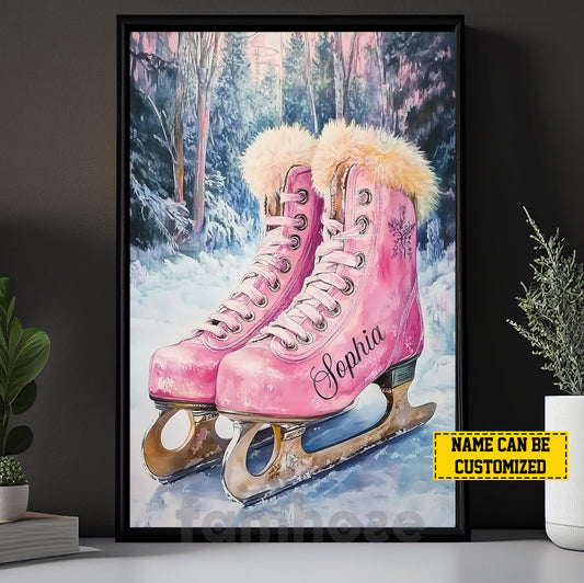 Personalized Ice Skating Canvas Painting, Pink Ice Skates Wall Art Decor, Poster Gift For Ice Skating Lovers