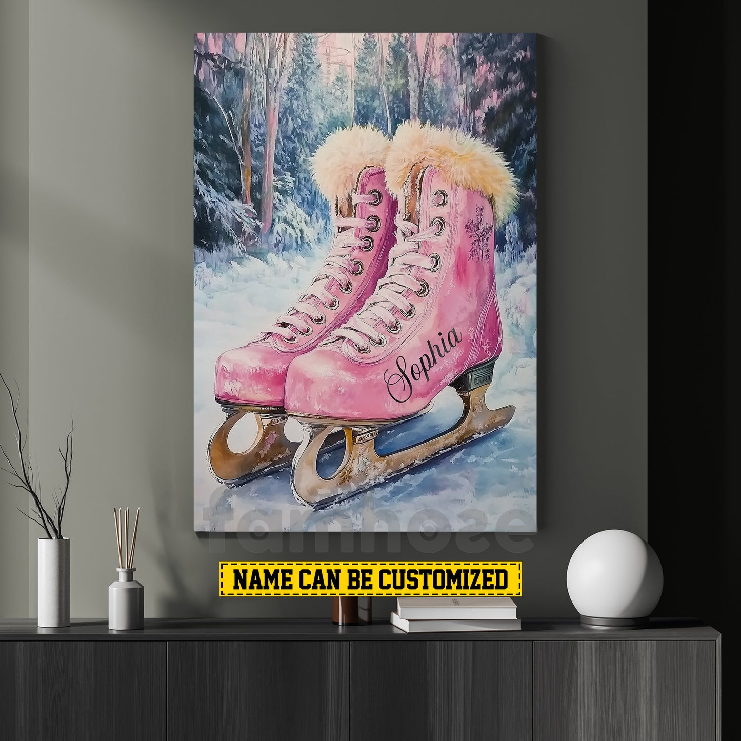 Personalized Ice Skating Canvas Painting, Pink Ice Skates Wall Art Decor, Poster Gift For Ice Skating Lovers