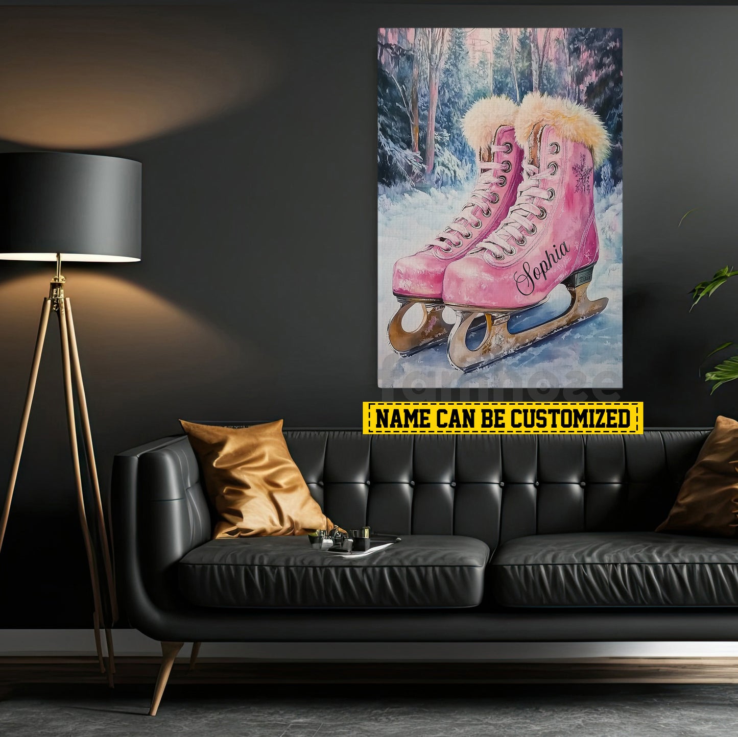 Personalized Ice Skating Canvas Painting, Pink Ice Skates Wall Art Decor, Poster Gift For Ice Skating Lovers