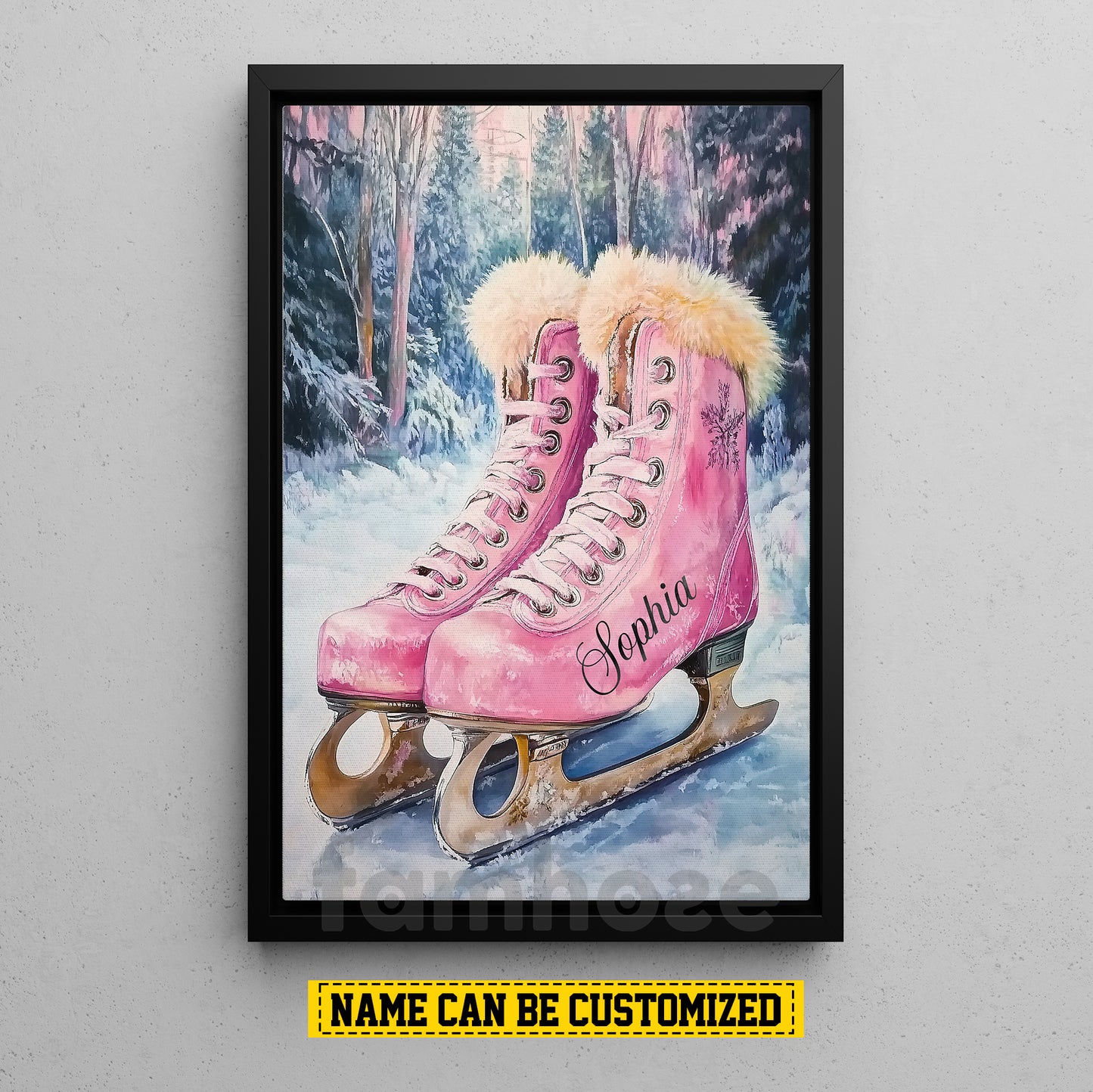 Personalized Ice Skating Canvas Painting, Pink Ice Skates Wall Art Decor, Poster Gift For Ice Skating Lovers