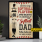 Motivational Personalized Softball Dad Girl Canvas Painting, Behind Every Softball Player Sport Wall Art Decor, Poster Gift For Softball Lovers