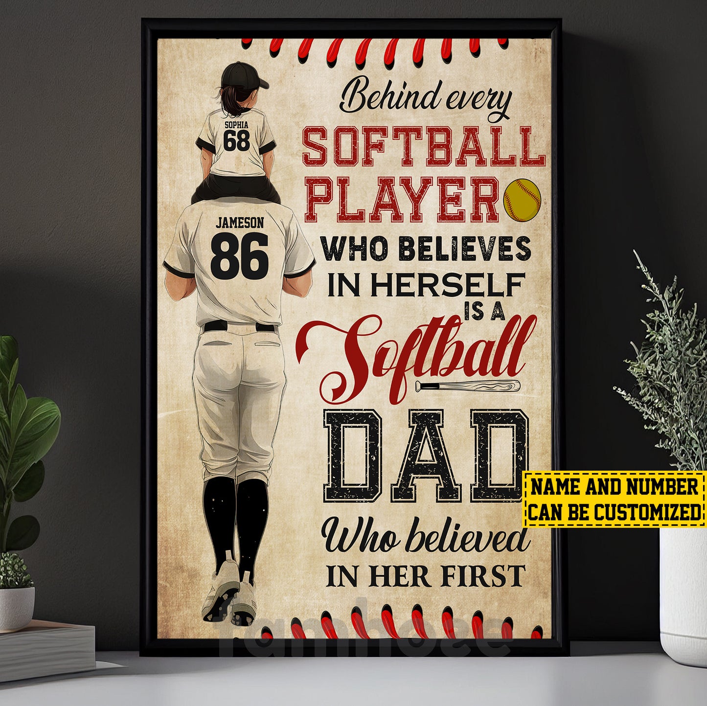 Motivational Personalized Softball Dad Girl Canvas Painting, Behind Every Softball Player Sport Wall Art Decor, Poster Gift For Softball Lovers