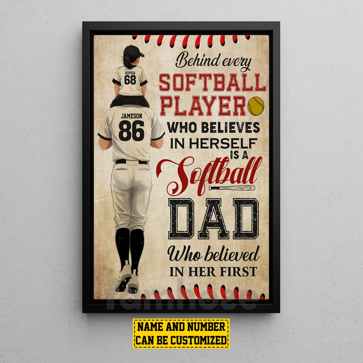 Motivational Personalized Softball Dad Girl Canvas Painting, Behind Every Softball Player Sport Wall Art Decor, Poster Gift For Softball Lovers