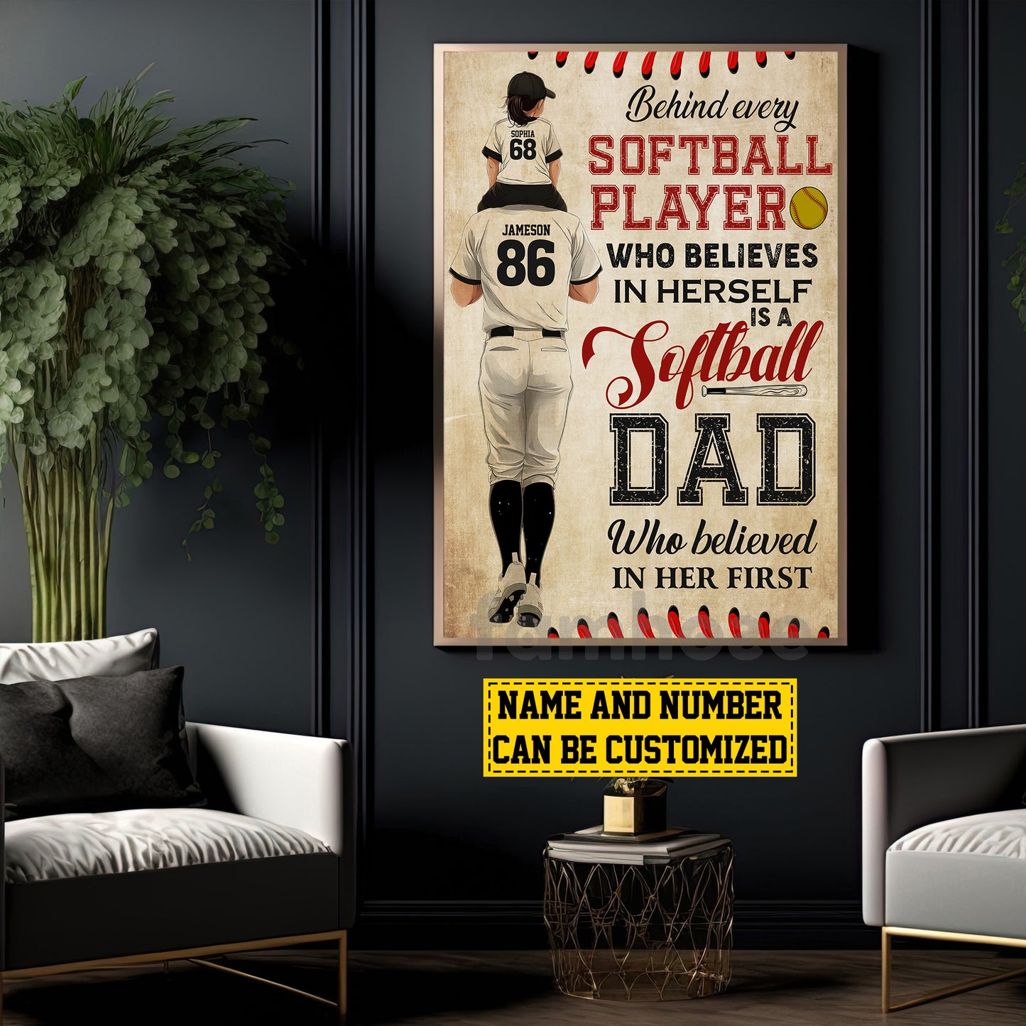 Motivational Personalized Softball Dad Girl Canvas Painting, Behind Every Softball Player Sport Wall Art Decor, Poster Gift For Softball Lovers
