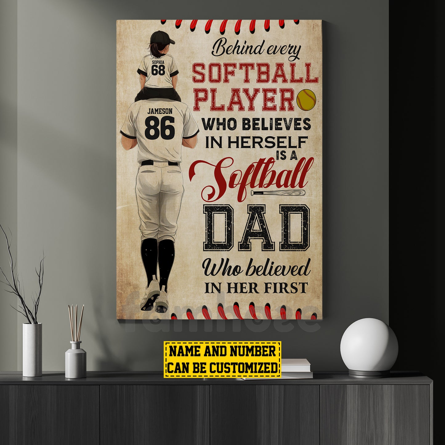 Motivational Personalized Softball Dad Girl Canvas Painting, Behind Every Softball Player Sport Wall Art Decor, Poster Gift For Softball Lovers