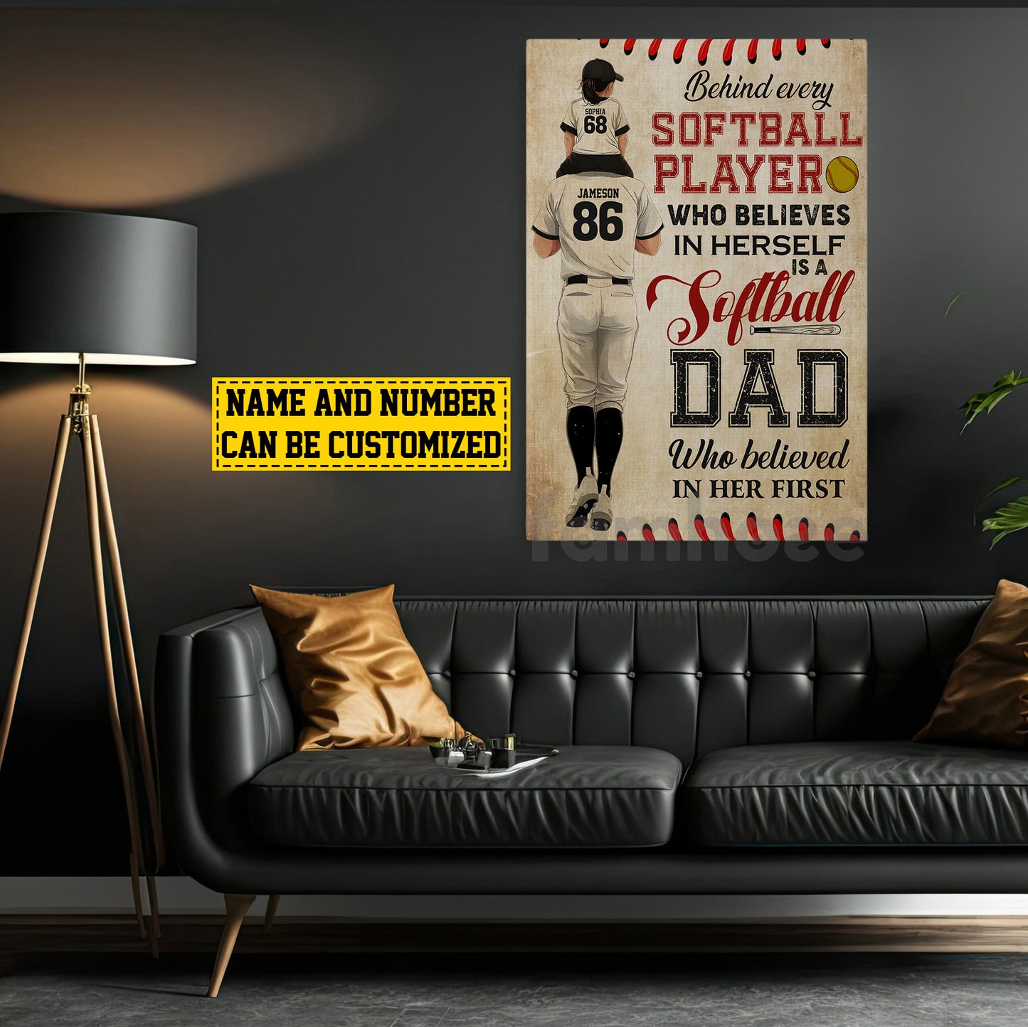 Motivational Personalized Softball Dad Girl Canvas Painting, Behind Every Softball Player Sport Wall Art Decor, Poster Gift For Softball Lovers