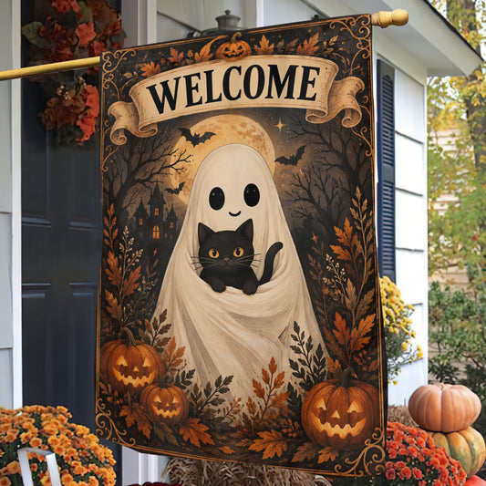 Vintage Halloween Black Cat Boo Garden & House Flag, Cute Ghost Cat Pumpkin Welcome Yard Flag, Spooky Season Gift For Cat Lover