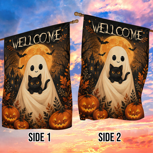 Vintage Halloween Black Cat Boo Garden & House Flag, Cute Ghost Cat Pumpkin Welcome Yard Flag, Spooky Season Gift For Cat Lover