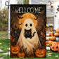 Vintage Halloween Black Cat Boo Garden & House Flag, Cute Ghost Cat Pumpkin Welcome Yard Flag, Spooky Season Gift For Cat Lover