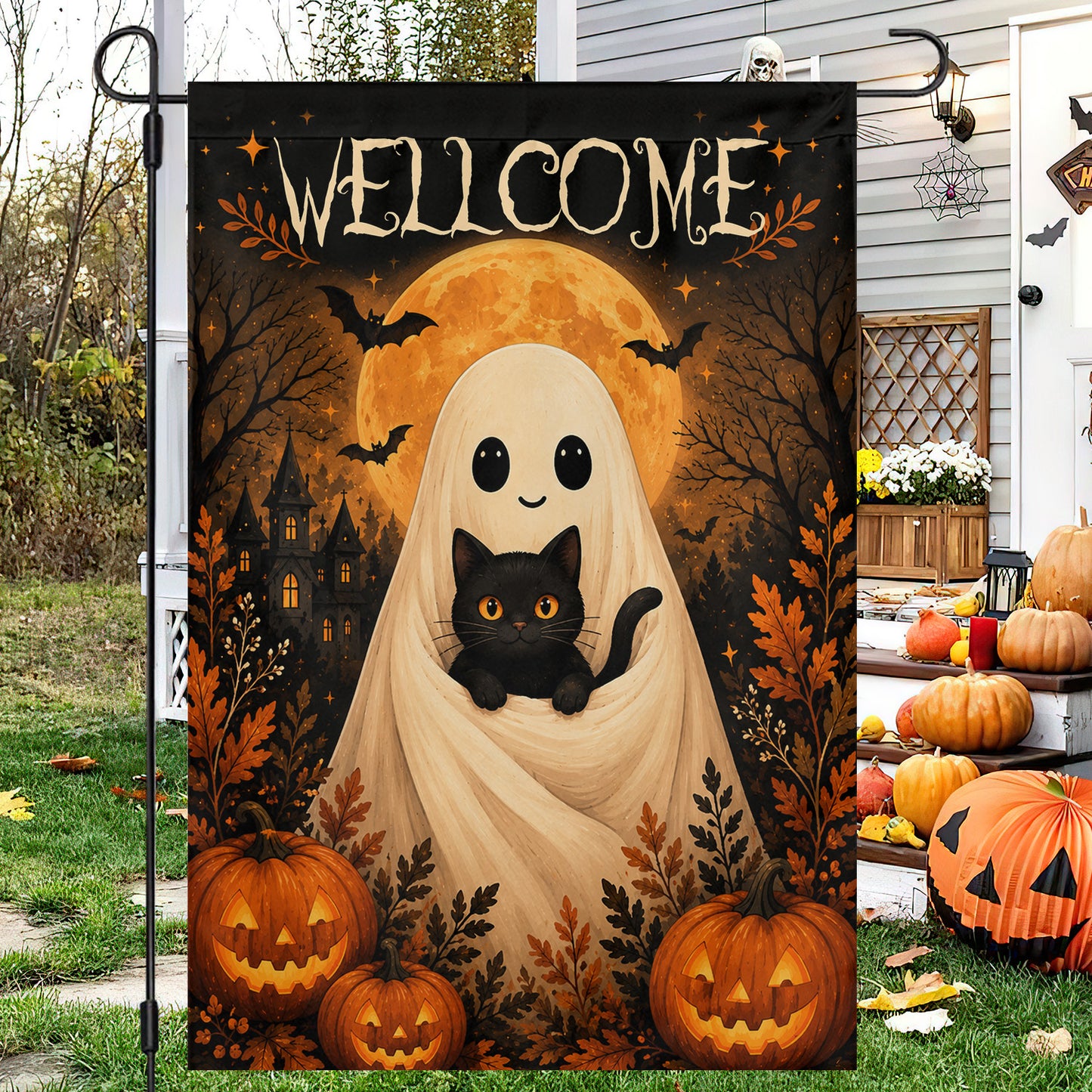 Vintage Halloween Black Cat Boo Garden & House Flag, Cute Ghost Cat Pumpkin Welcome Yard Flag, Spooky Season Gift For Cat Lover
