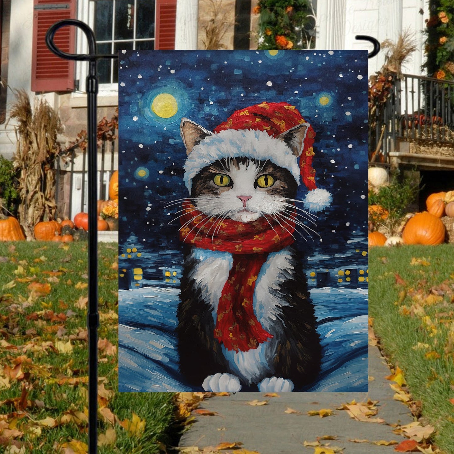 Cat Wearing Scarf On The Moon, Christmas Garden Flag - House Flag, Christmas Flag Gift For Cat Lovers, Cat Owners