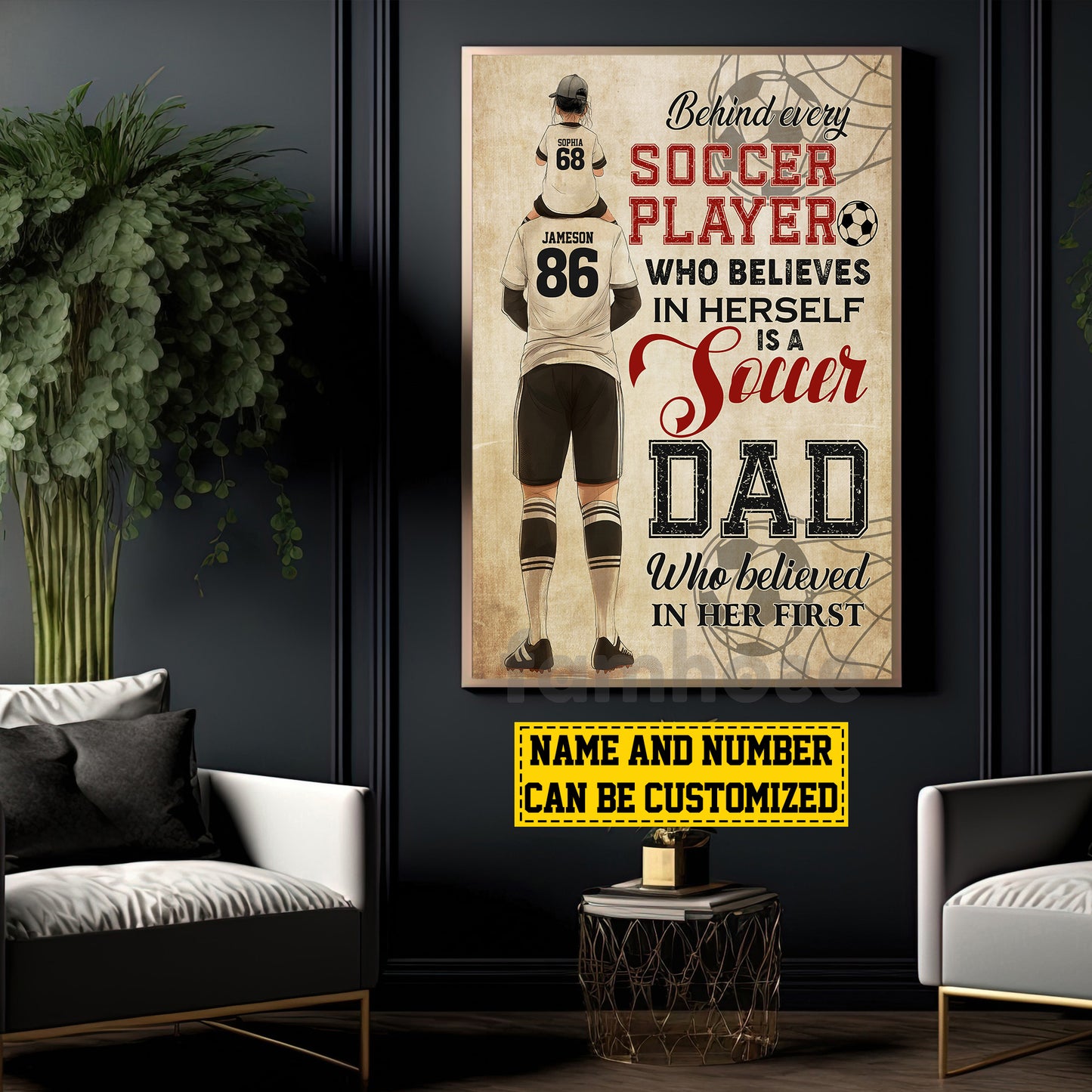 Personalized Soccer Dad Daughter Canvas Painting, Behind Every Soccer Player Sports Wall Art Decor, Poster Father's Day Gift For Soccer Lovers