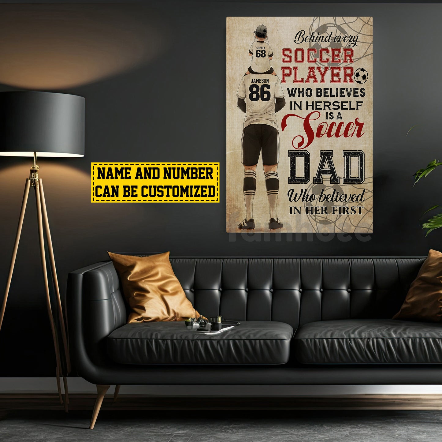 Personalized Soccer Dad Daughter Canvas Painting, Behind Every Soccer Player Sports Wall Art Decor, Poster Father's Day Gift For Soccer Lovers