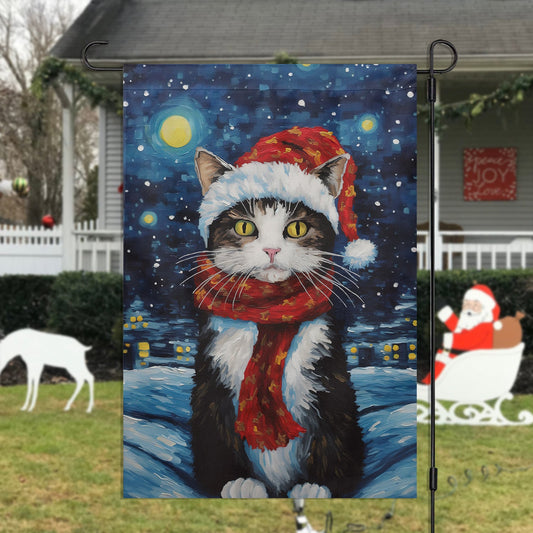 Cat Wearing Scarf On The Moon, Christmas Garden Flag - House Flag, Christmas Flag Gift For Cat Lovers, Cat Owners