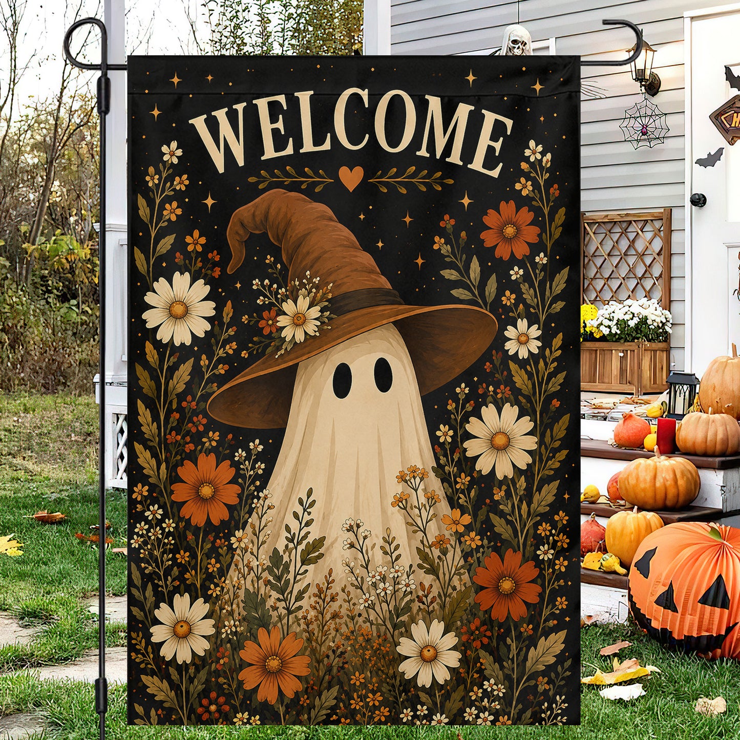 Cute Halloween Boo Garden & House Flag, Witch Hat Floral Yard Flag, Welcome Spooky Season Gift For Ghost Lover