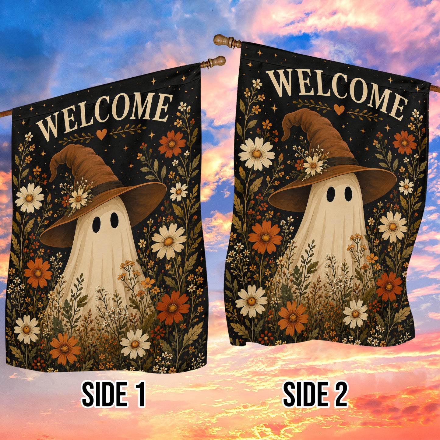 Cute Halloween Boo Garden & House Flag, Witch Hat Floral Yard Flag, Welcome Spooky Season Gift For Ghost Lover