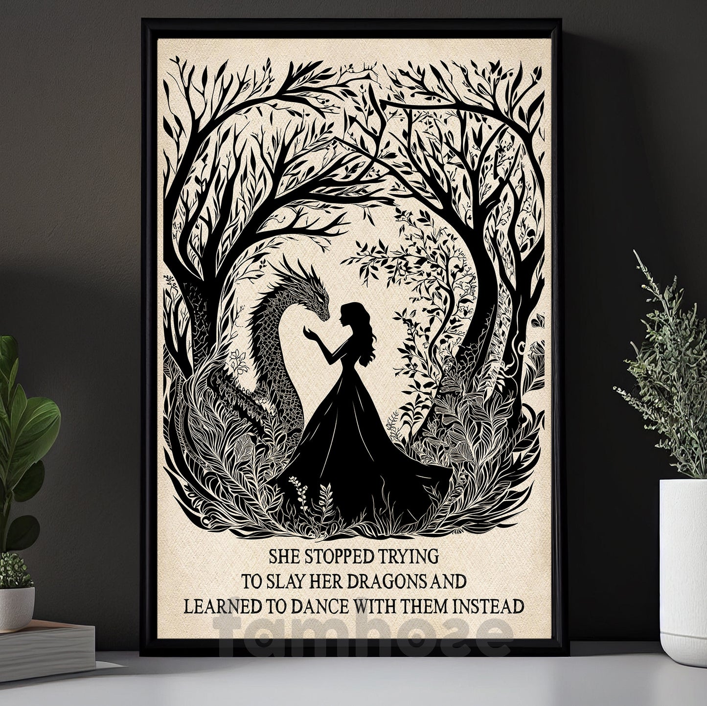 Silhouette Halloween Beauty And Dragon Canvas Painting, She Stopped Trying To Slay Her Dragons Wall Art Decor, Spooky Season Poster Gift For Dragon Lovers
