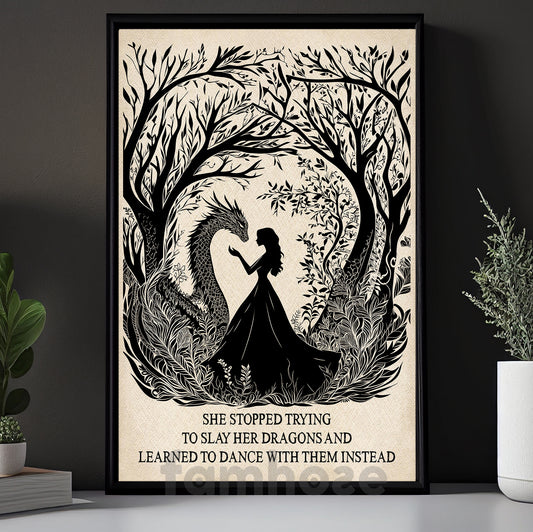 Silhouette Halloween Beauty And Dragon Canvas Painting, She Stopped Trying To Slay Her Dragons Wall Art Decor, Spooky Season Poster Gift For Dragon Lovers