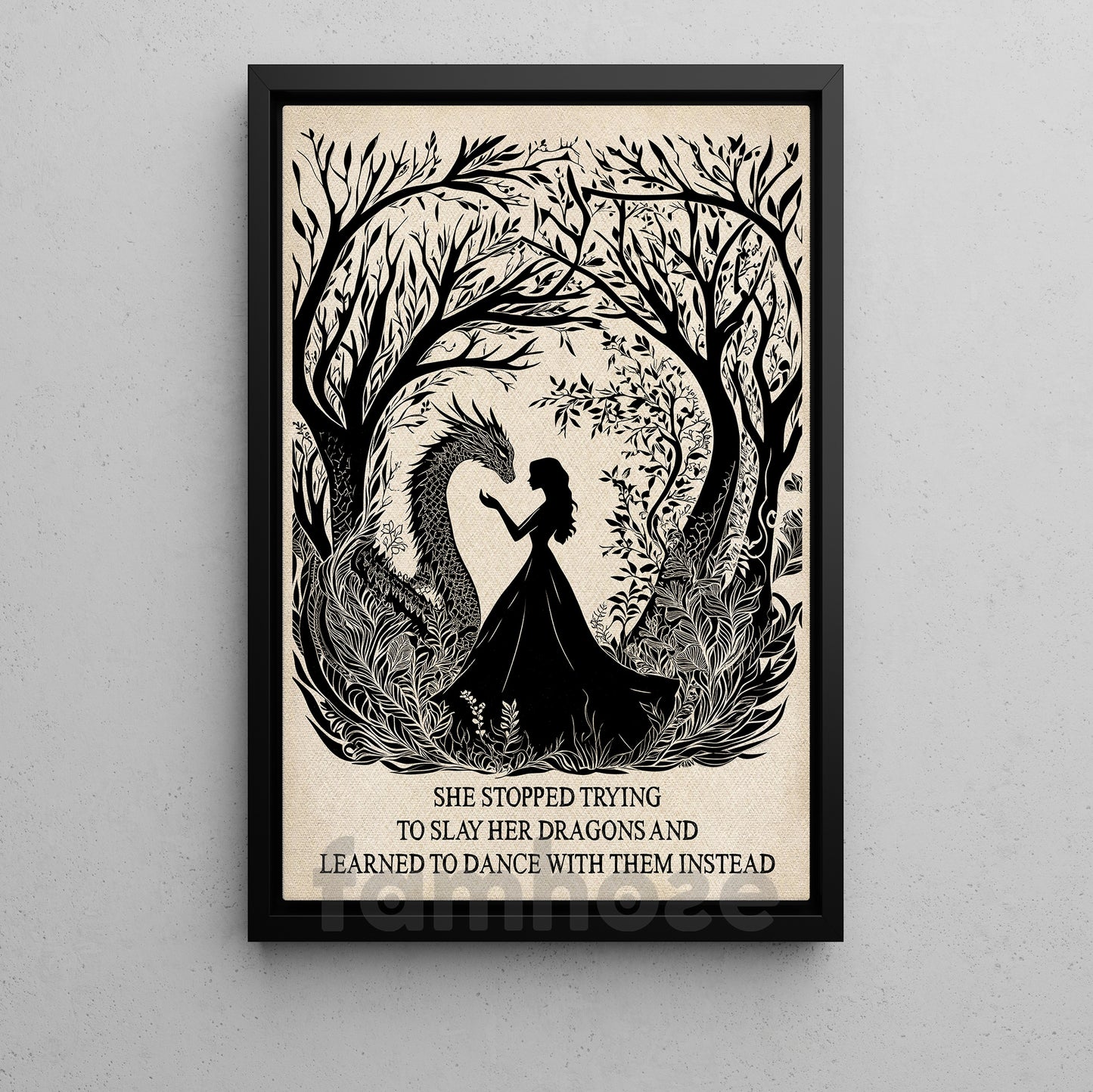 Silhouette Halloween Beauty And Dragon Canvas Painting, She Stopped Trying To Slay Her Dragons Wall Art Decor, Spooky Season Poster Gift For Dragon Lovers