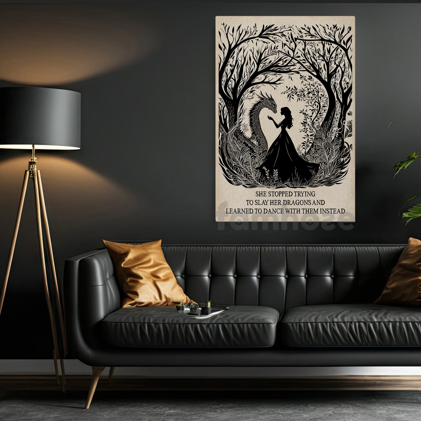 Silhouette Halloween Beauty And Dragon Canvas Painting, She Stopped Trying To Slay Her Dragons Wall Art Decor, Spooky Season Poster Gift For Dragon Lovers