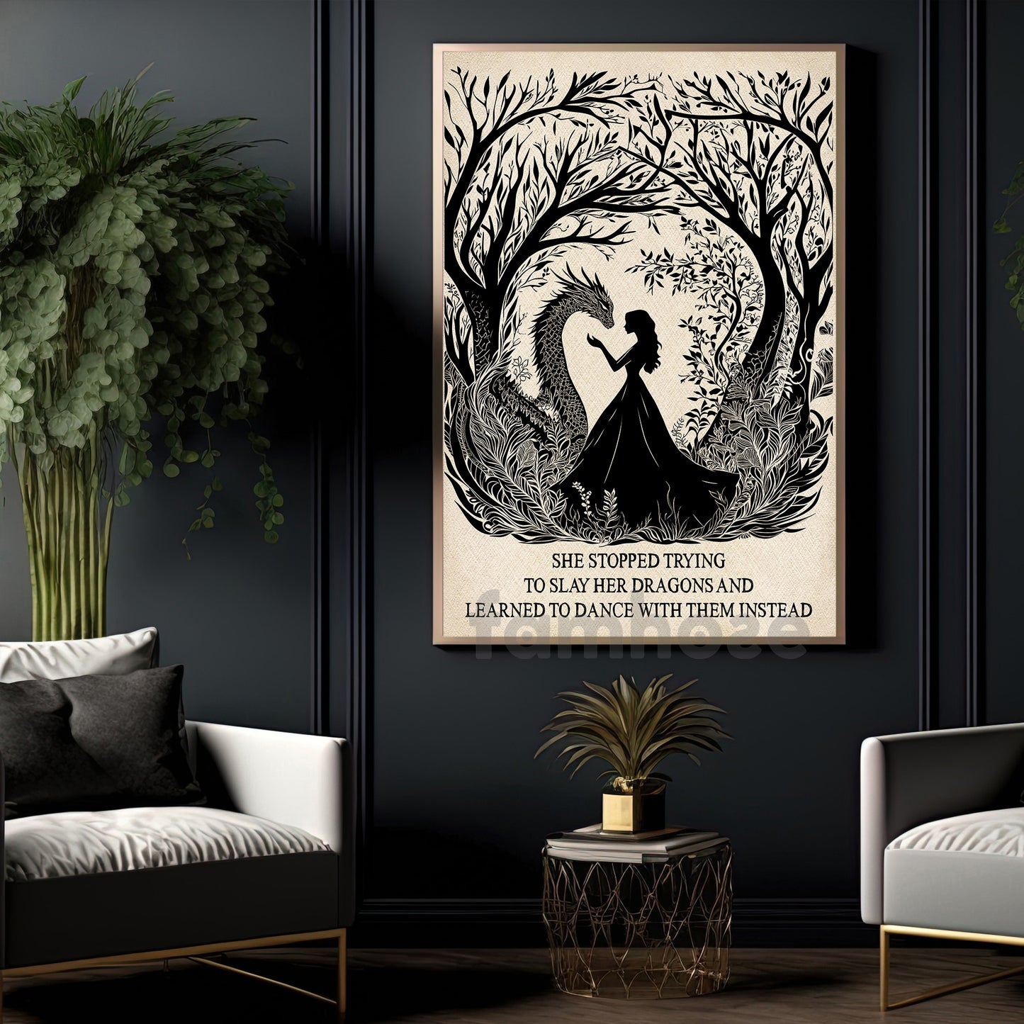 Silhouette Halloween Beauty And Dragon Canvas Painting, She Stopped Trying To Slay Her Dragons Wall Art Decor, Spooky Season Poster Gift For Dragon Lovers